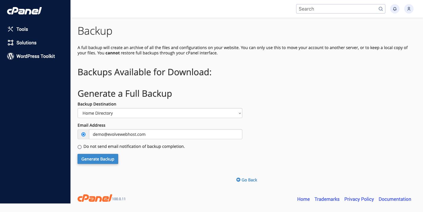 Creating a cPanel backup