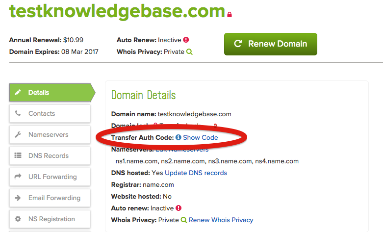 Get your Transfer Authorization code from name.com domain to transfer to Evolve Hosting