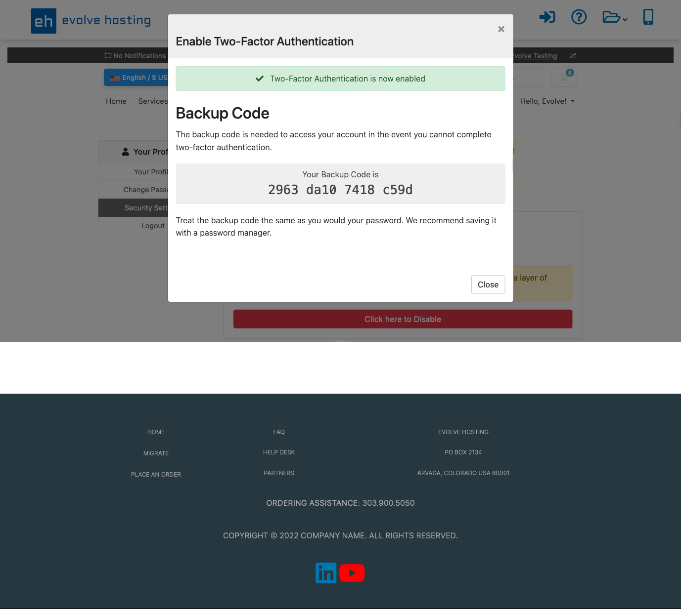 Portal 2FA Backup Code